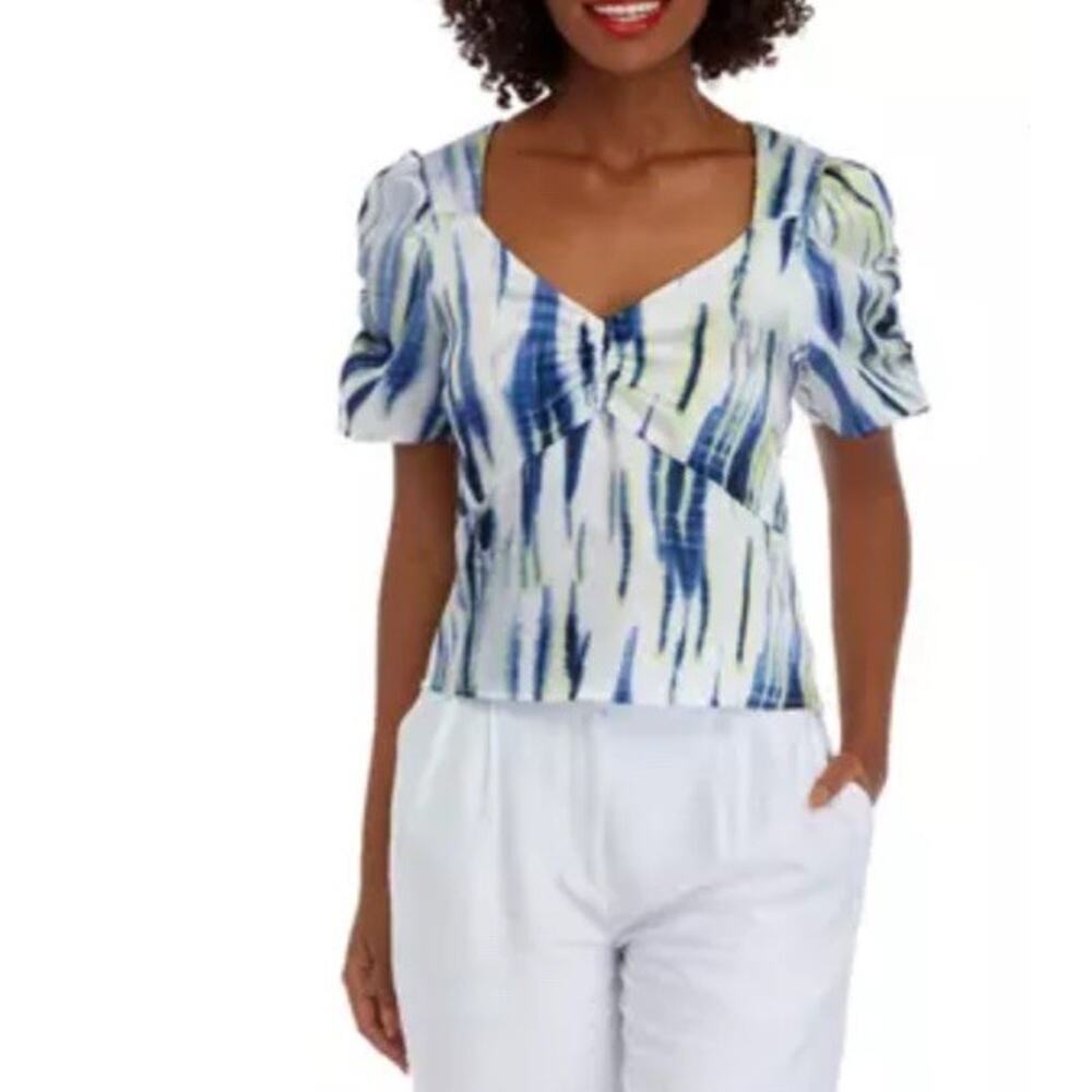 DKNY Women’s Blouse Top Tie Dye Short Puff Sleeves Size Small NWT